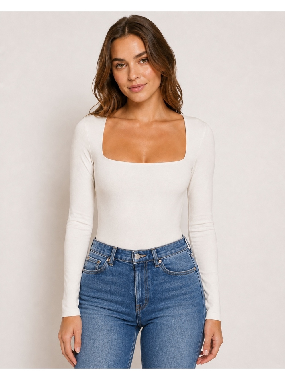 Naked Wardrobe Ivory Square Neck Long Sleeve Bodysuit Size 1